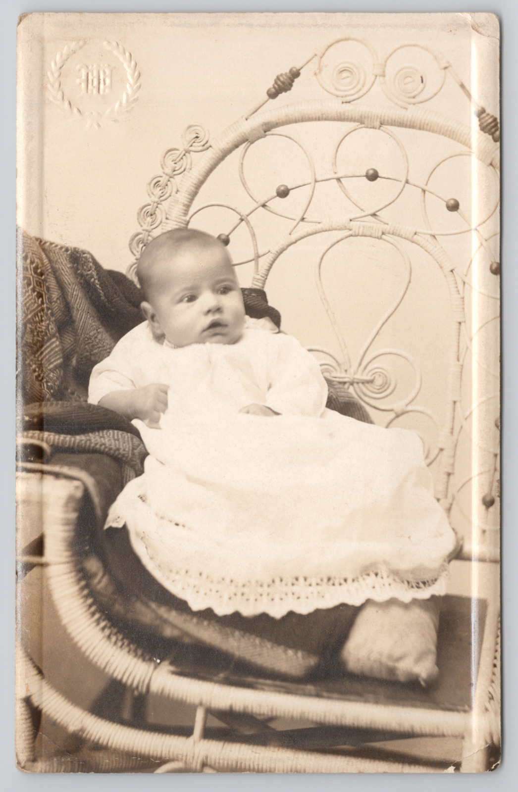RPPC Baby In White Gown In Studio c1910  Real Photo Postcard