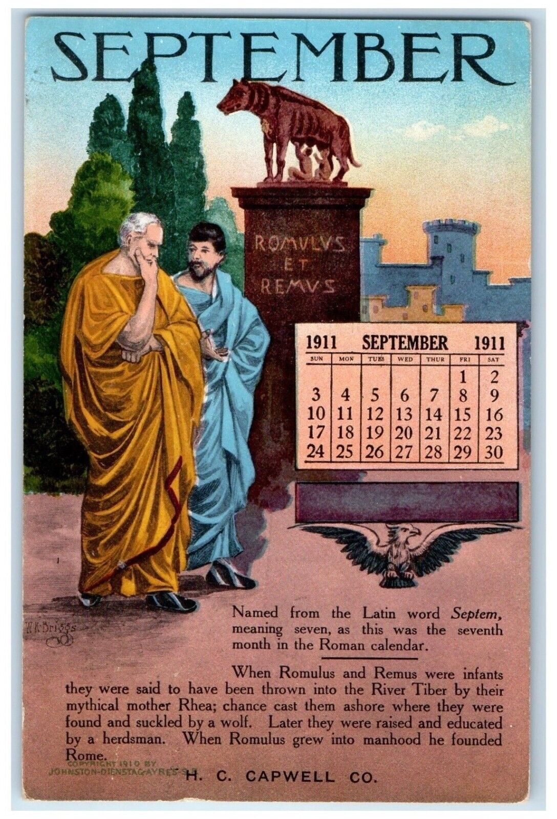 1911 September Roman Calendar Hat Fashion Millinery Advertising Antique Postcard