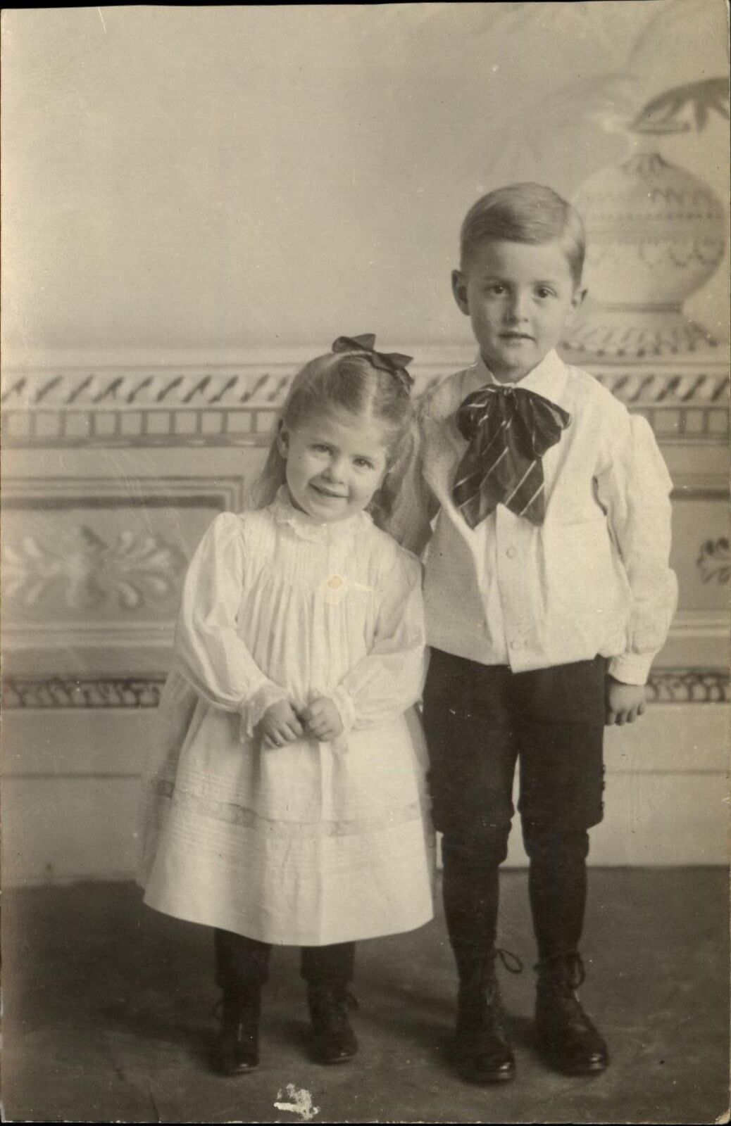 Adorable young girl & boy knickers tie puffy shirt ~ RPPC real photo 1904-1920s
