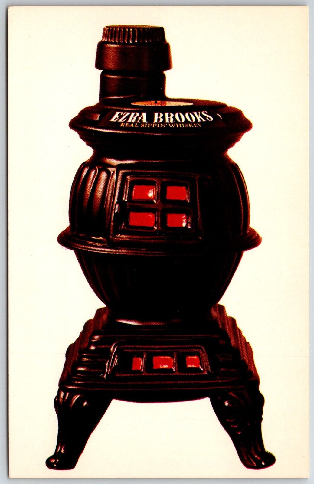 c1960s Ezra Brooks bourbon whiskey pot bellied stove postcard unposted