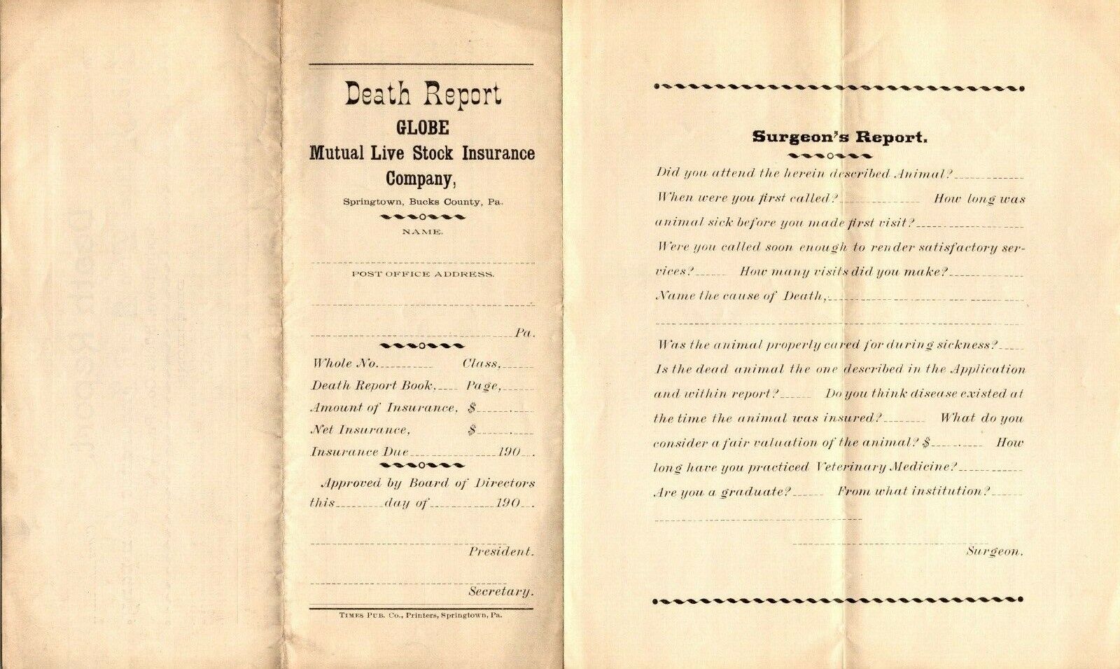 Death Report~Globe Mutual Live Stock Insurance Co~Springtown, Bucks County~c1905