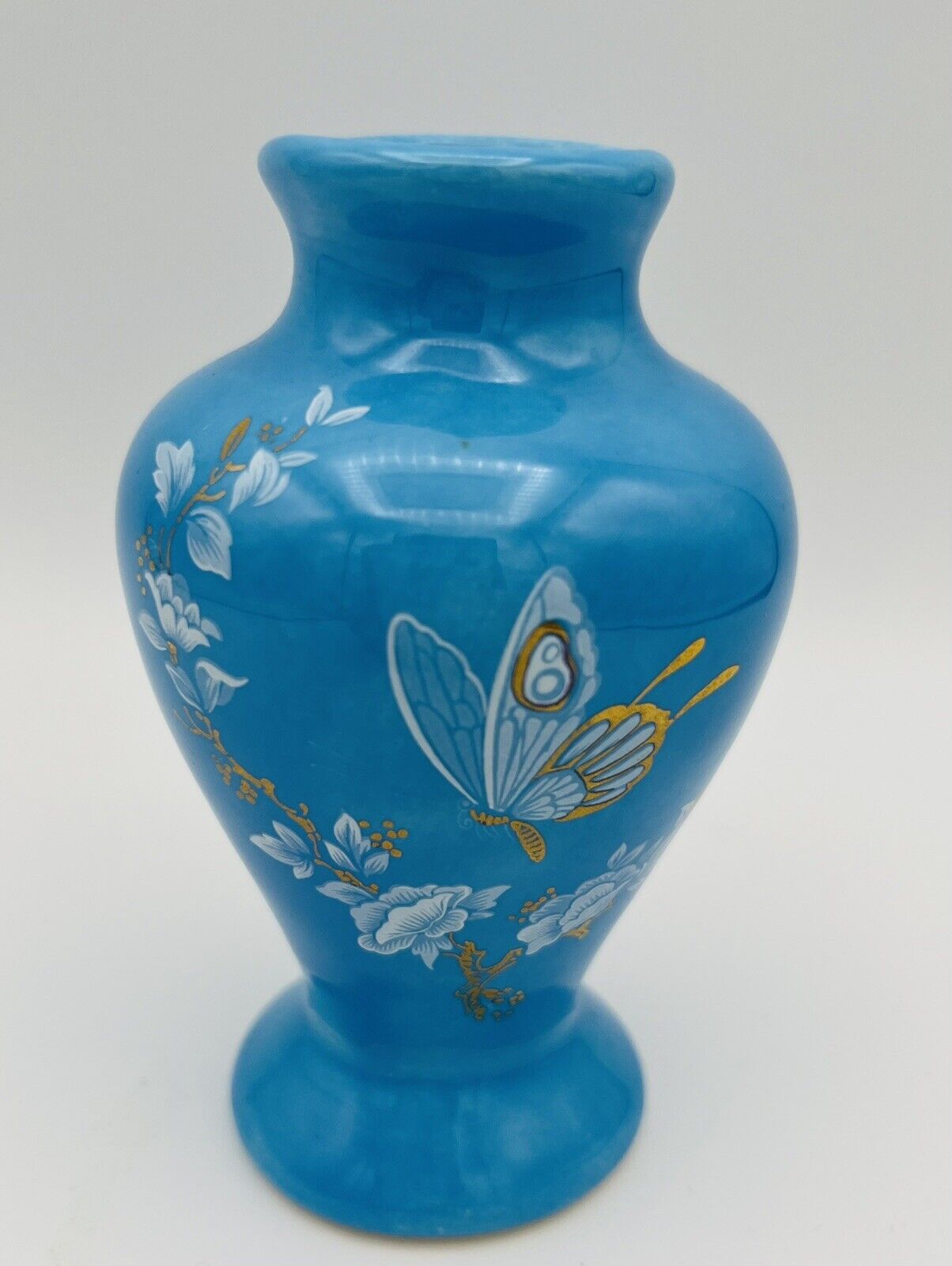 Vtg Asian Blue Pottery Vase Hand painted Flowers, Butterfly, Gold Inlay, 4” Tall