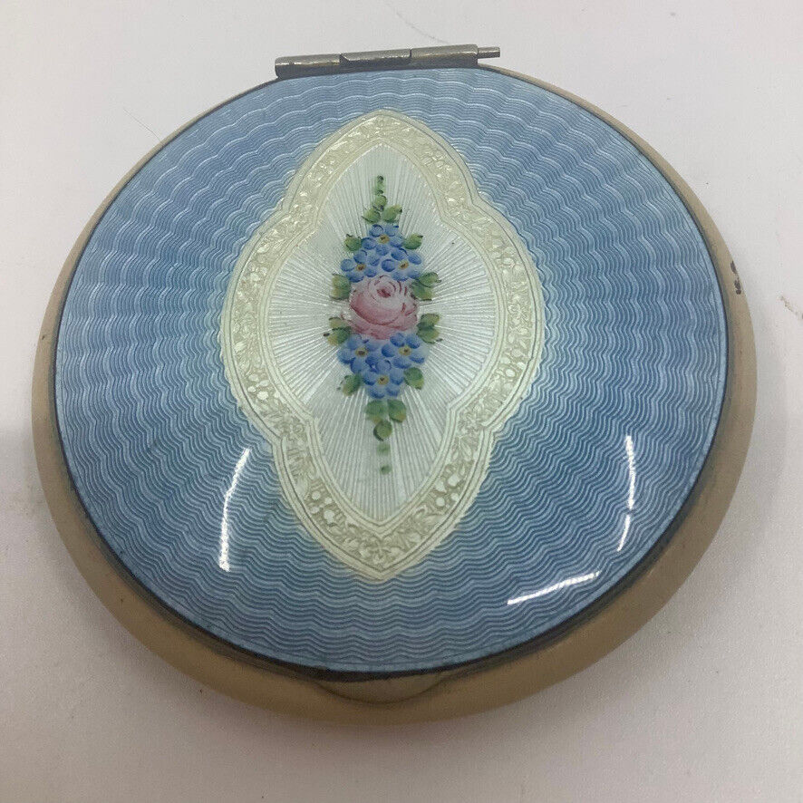 Classic Enamel/Lgt Blue Guilloche Floral Compact, 1920s-30s, Metal Mirror