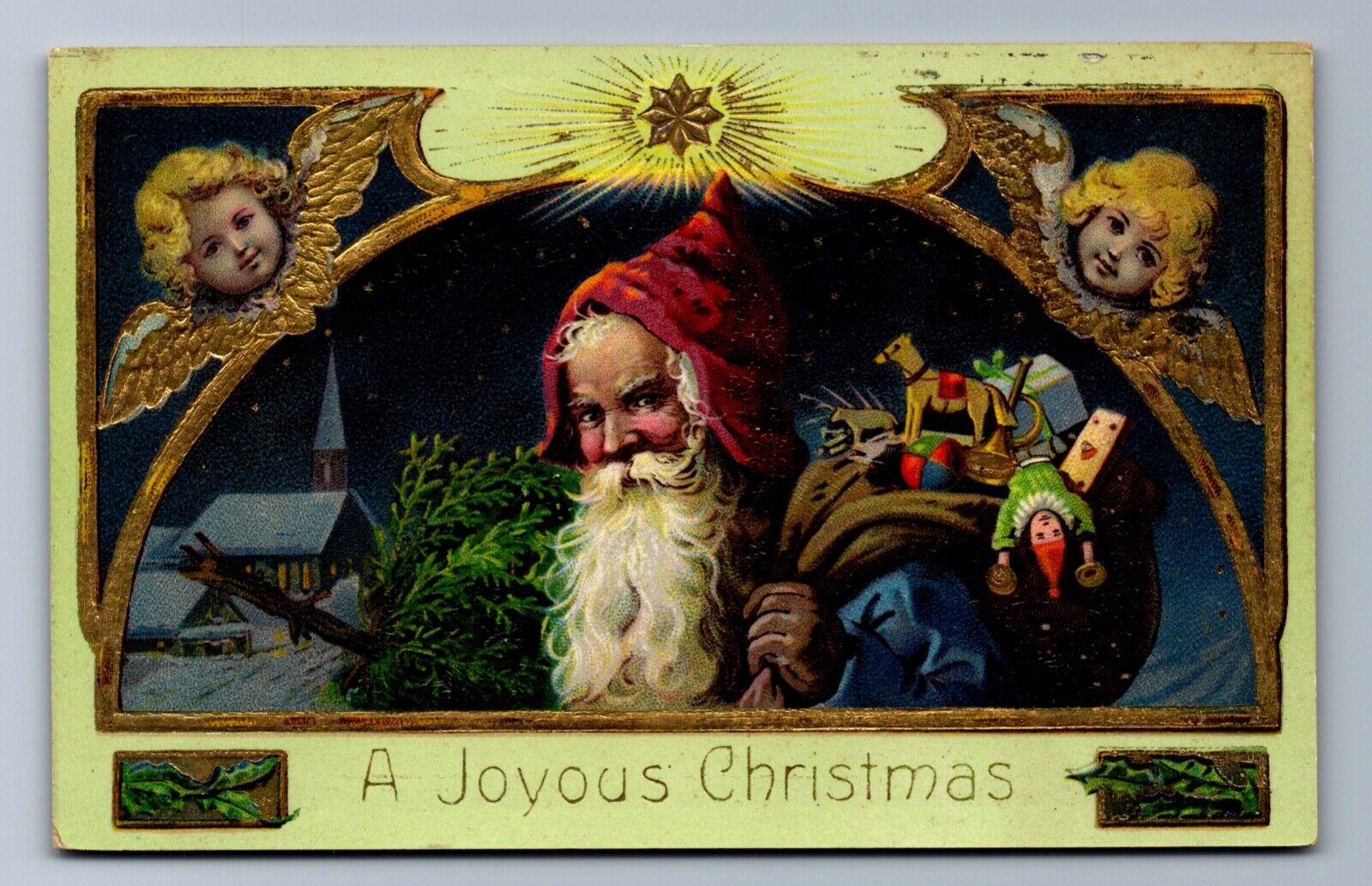 C.1910 BLUE ROBE SANTA CLAUS, CHERUBS, GILT GEL LACQUERED CHRISTMAS Postcard PS