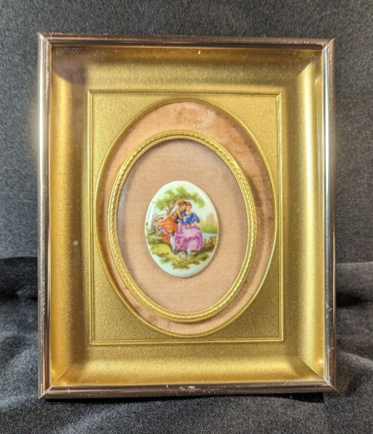 Vintage Framed Miniature Porcelain on Velour, Courting Couple Scene by Fragonard
