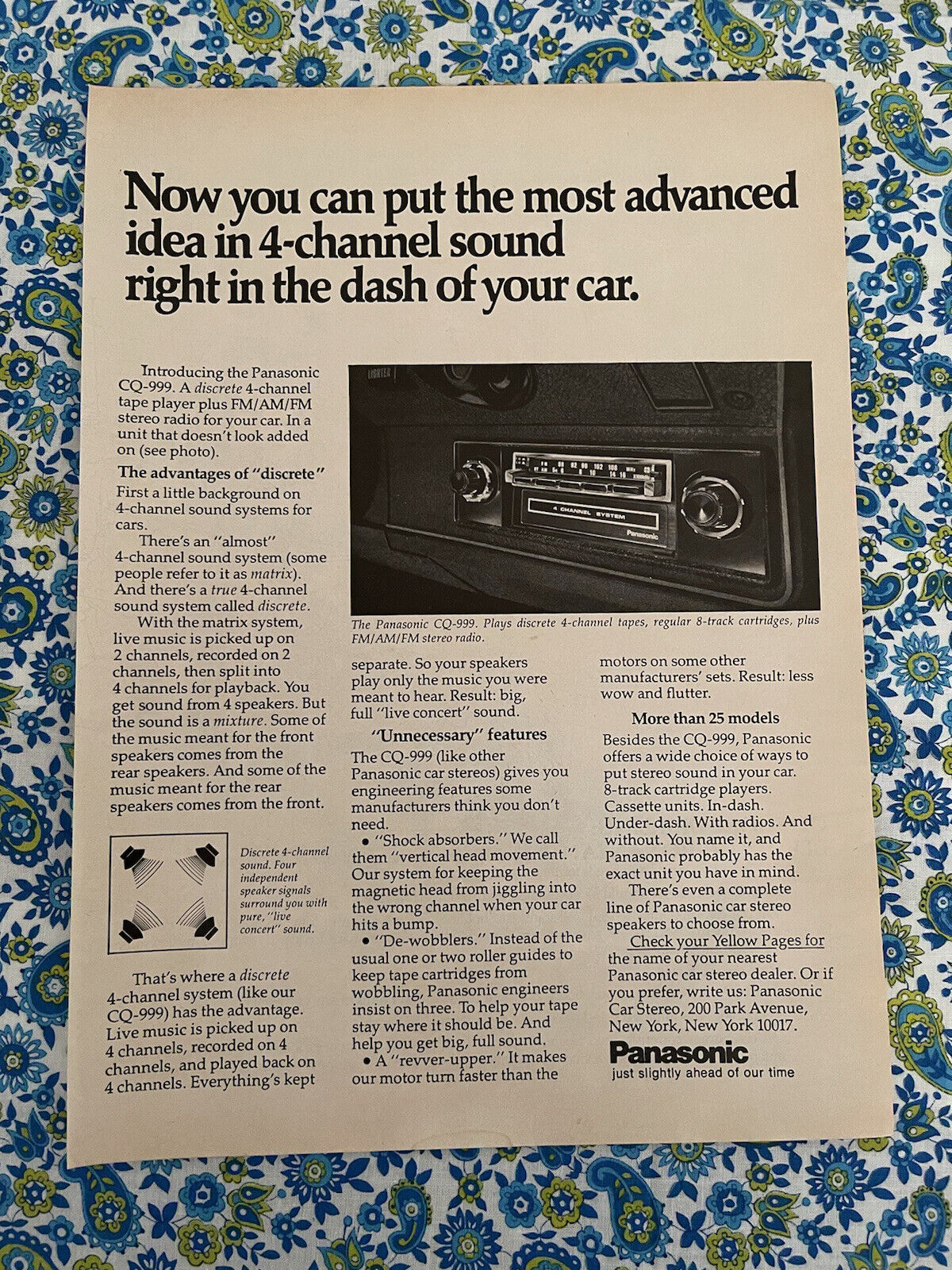 Vintage 1974 Panasonic Print Ad In Dash Car Radio 4 Channel Sound