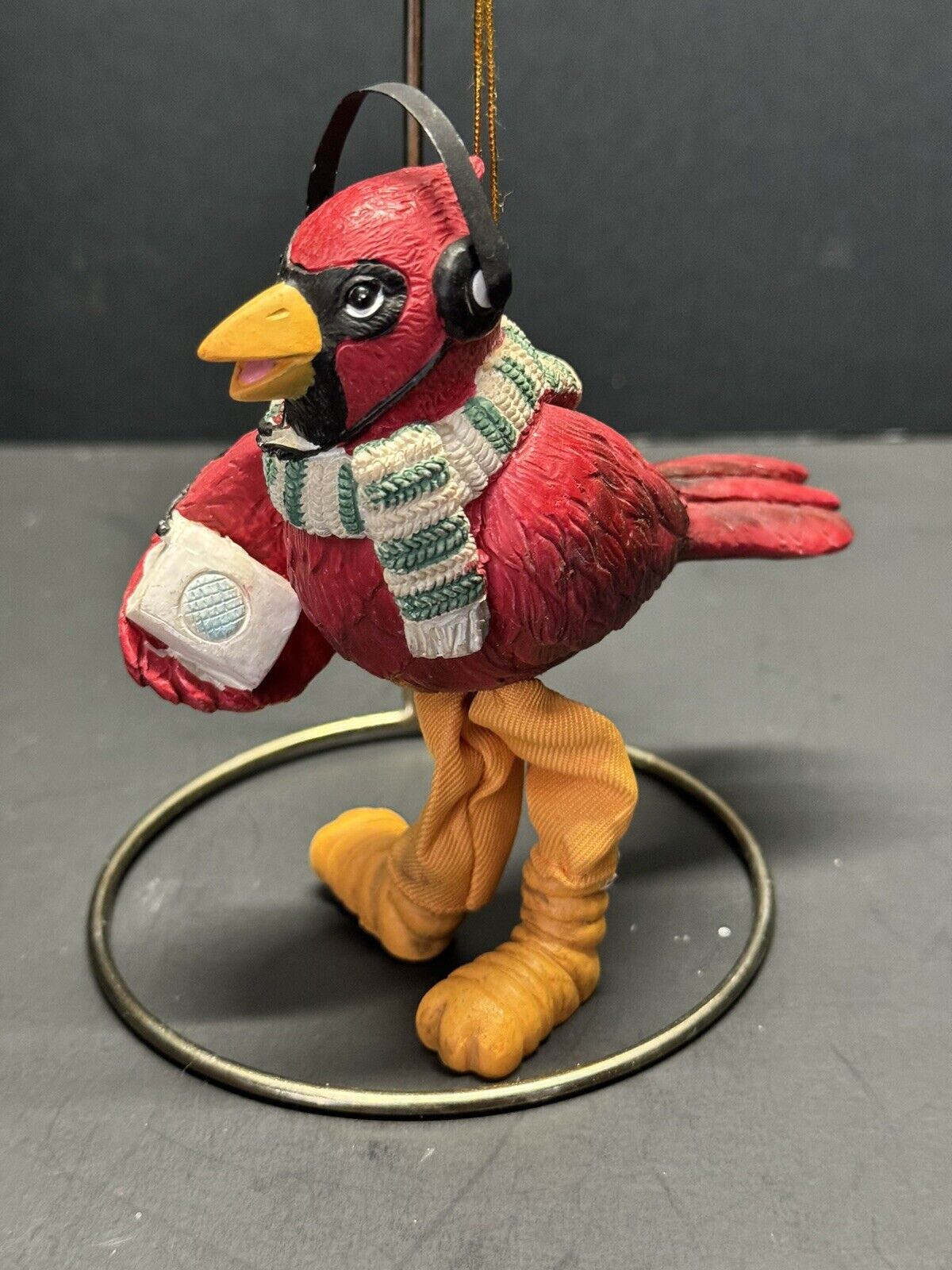 Red Cardinal Bird Christmas Ornament Listening To Music Resin
