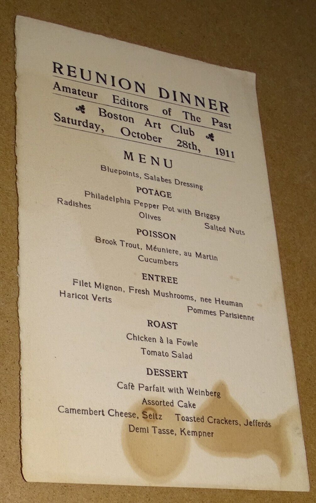 1911 Reunion Dinner Amateur Editors of The Past - Boston Art Club MENU/SPEAKERS
