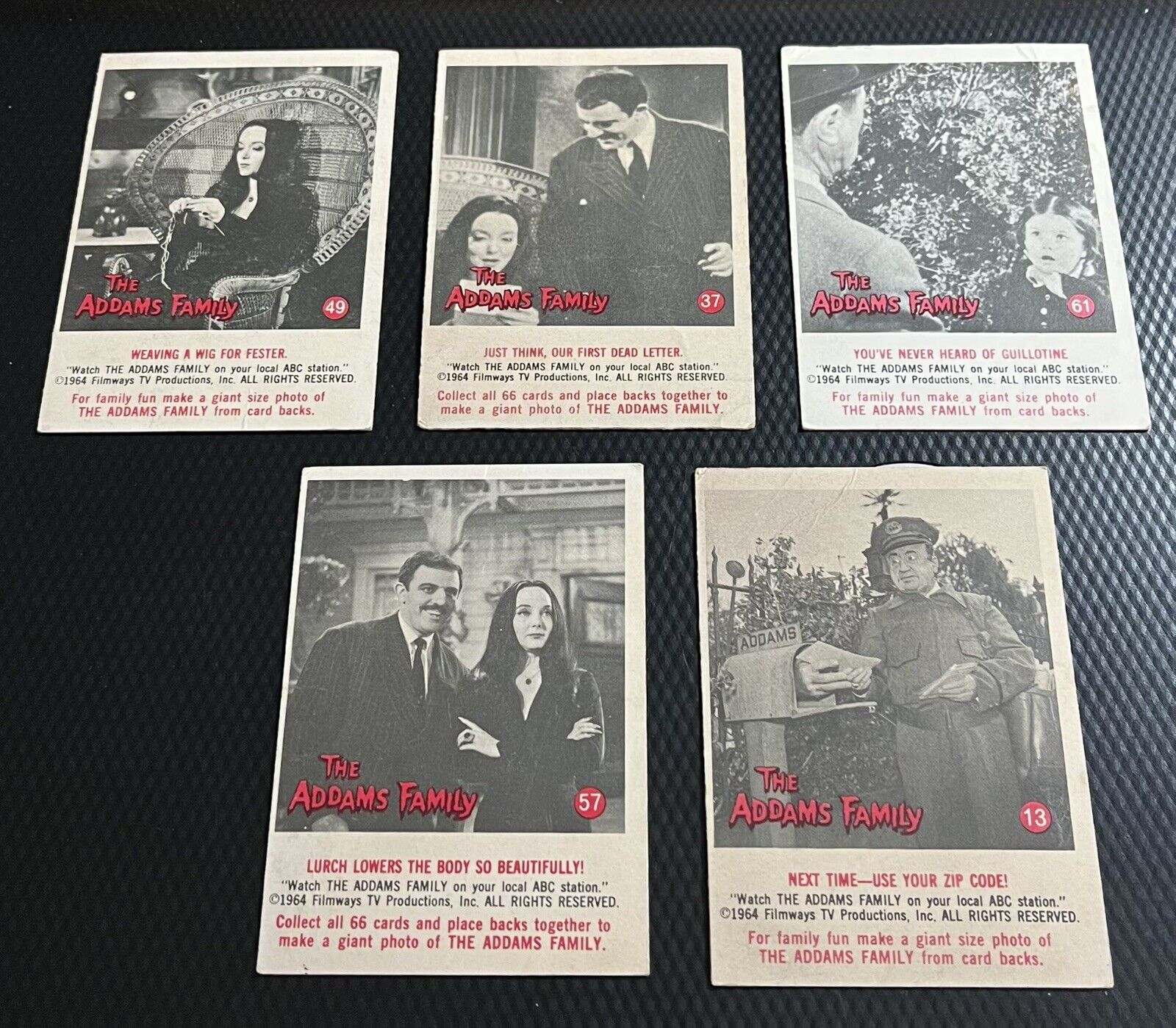 1964 Filmways Addams Family 5-Card Low-Condition Lot - Cards Have Creases
