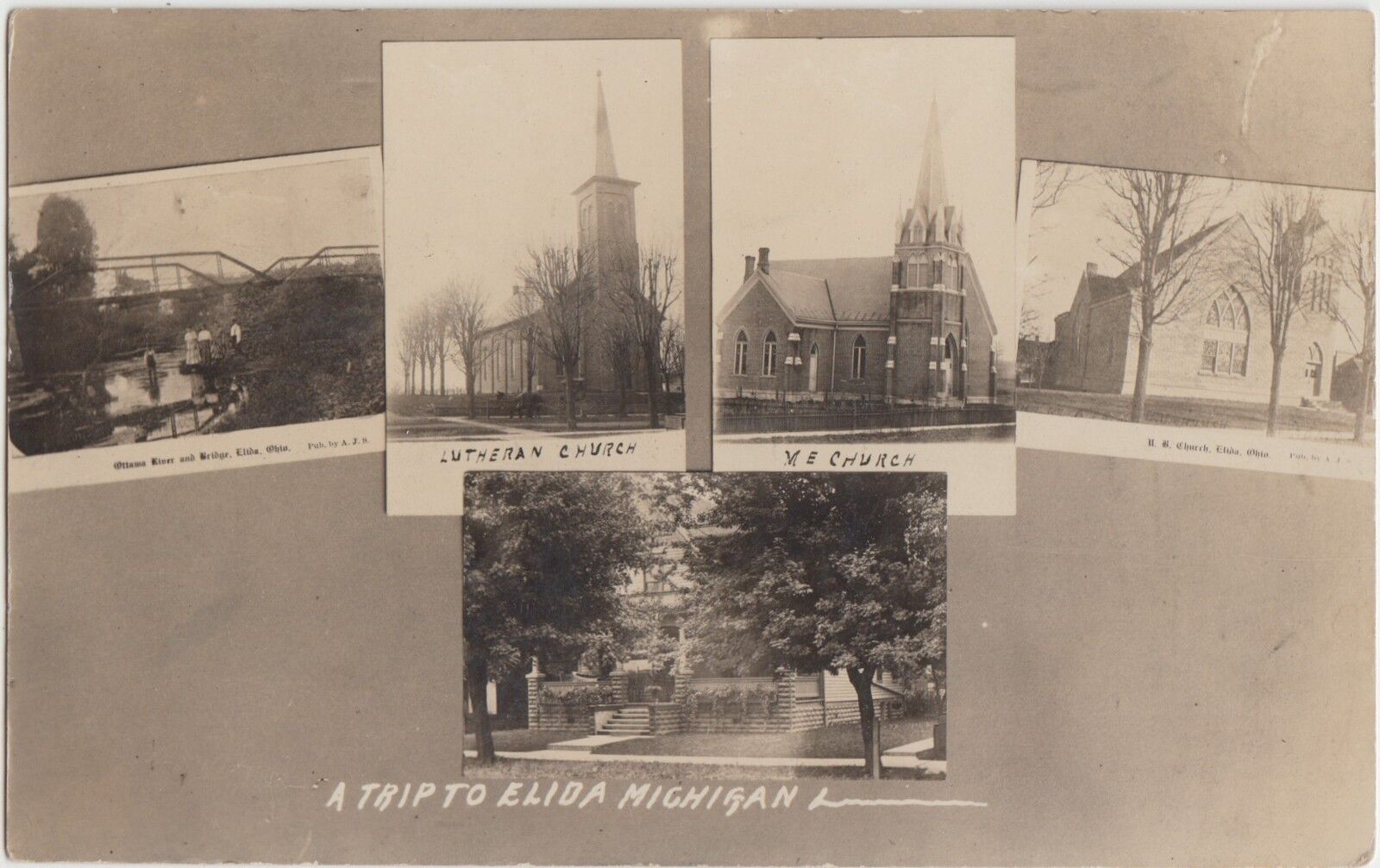 Ohio Real Photo RPPC Postcard 1909 ELIDA Error Churches Ottawa River Bridge
