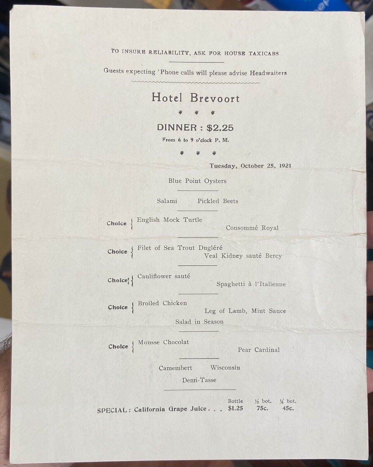 October 25, 1921 New York HOTEL BREVOORT Restaurant MENU $2.25 Dinner items