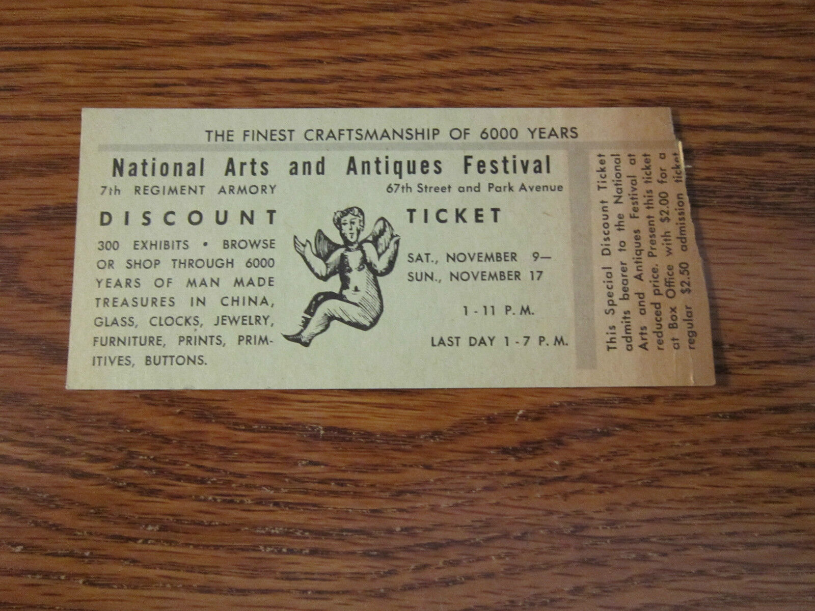 NYC Vintage Ticket National Arts and Antiques Festival Armory Park Ave Old Stub