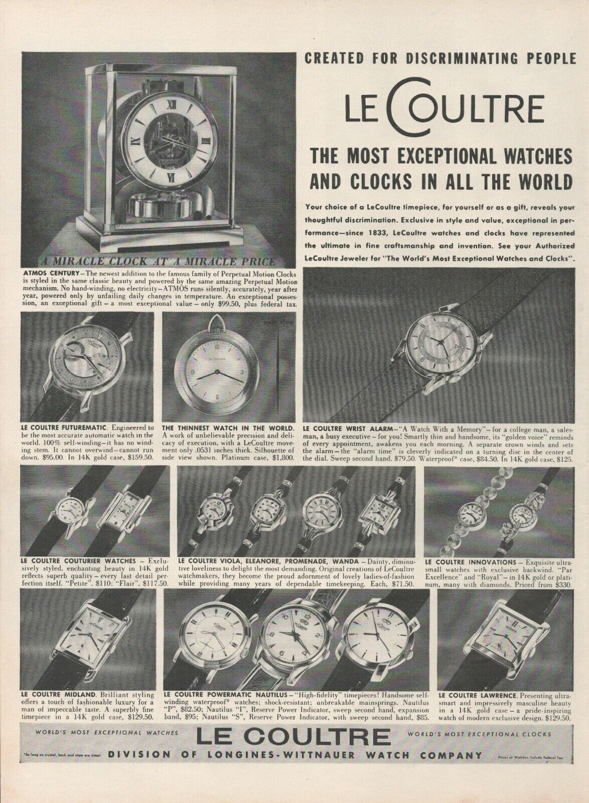 1955 Le Coultre Most Exceptional Watch and Clocks In All The World Print Ad
