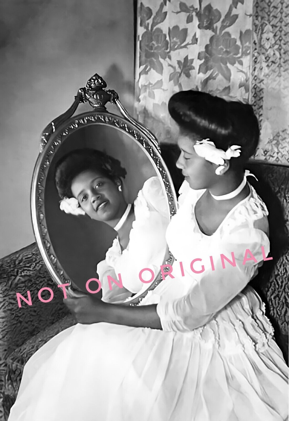 Vintage 1910's Photo Reprint of Edwardian African American Woman Looks in Mirror