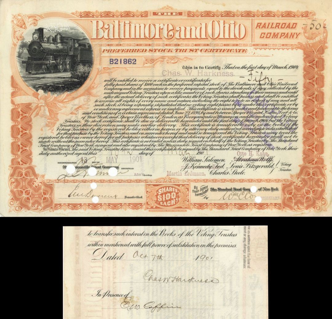 Baltimore and Ohio Railroad issued to and signed by Charles W. Harkness - Autogr