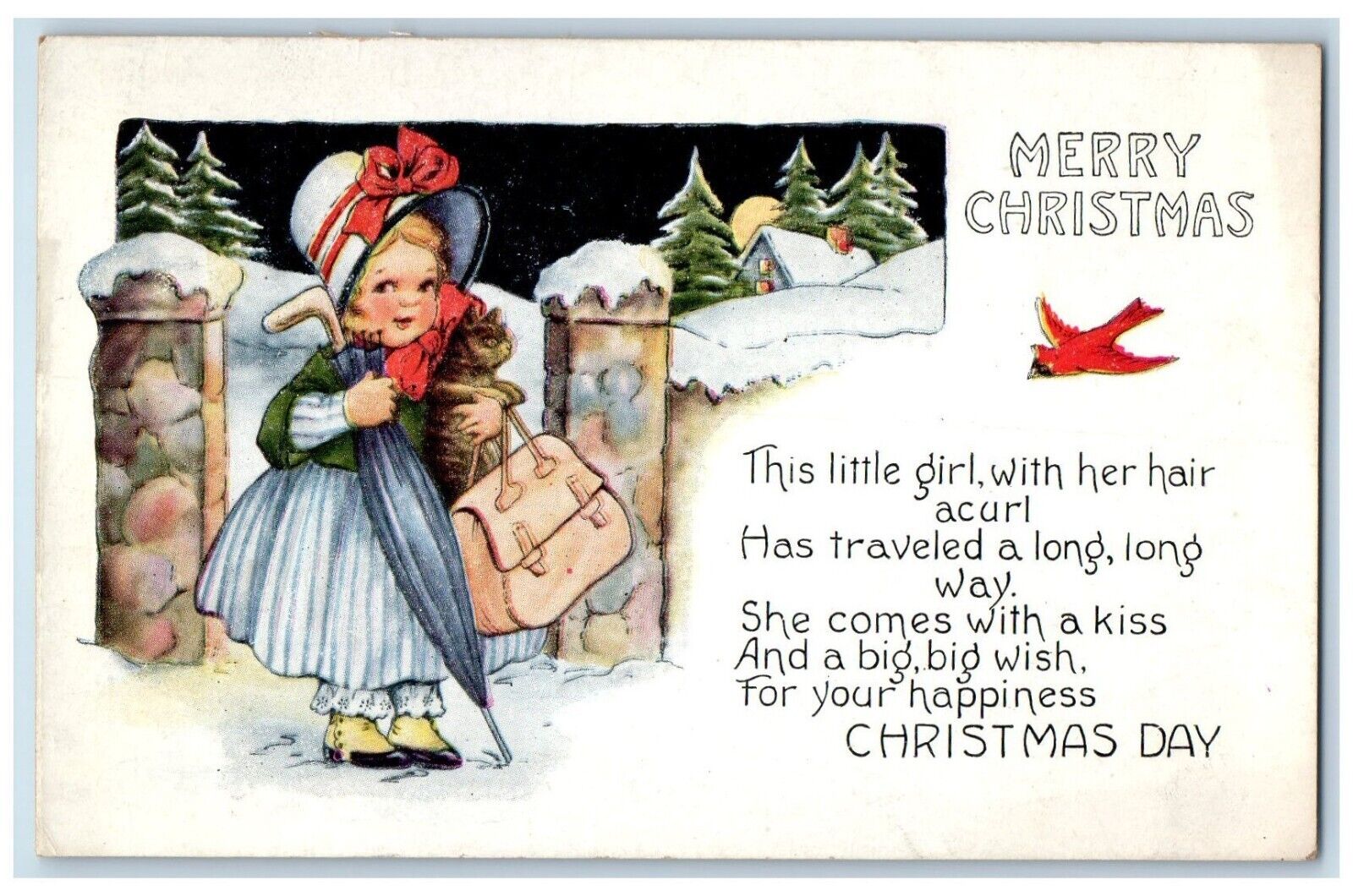 Christmas Little Gil Cat Present Umbrella Bird Pine Tree Antique Postcard