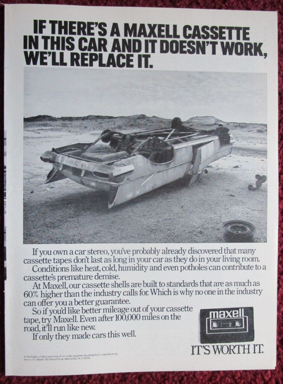 1981 MAXELL Cassette Tapes Print Ad ~ Flipped Over Car in the Desert Full Page