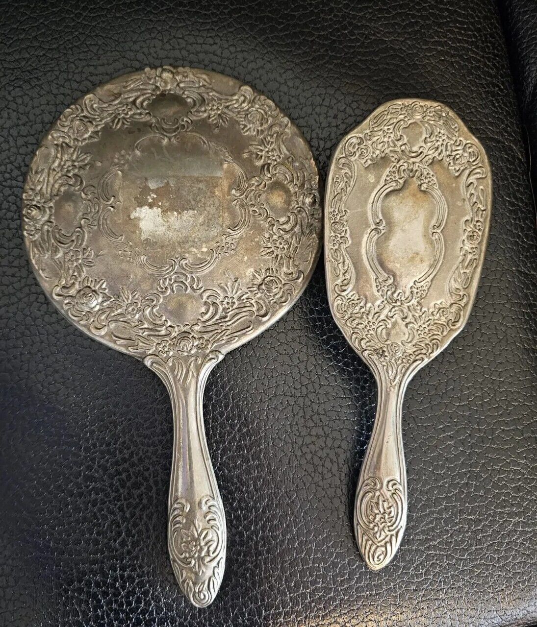 Vintage Silver Plate Ornate Floral Vanity Hand Mirror Matching Brush