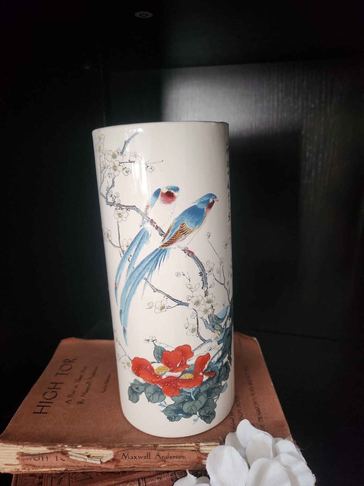Vintage Treasure Craft Love Birds Cherry Blossom Blue Asian Vase