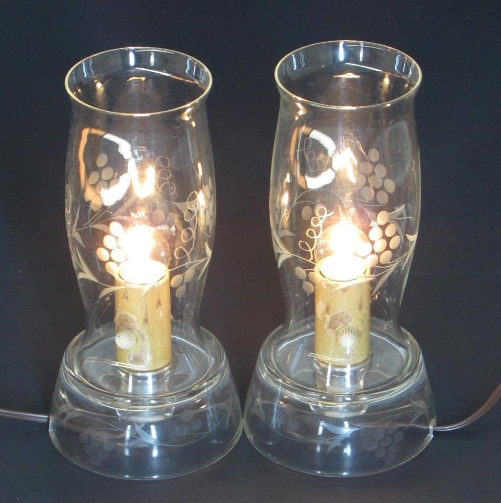 Vintage Pair Etched Clear Glass Hurricane Boudoir Table Lamps 7.75\