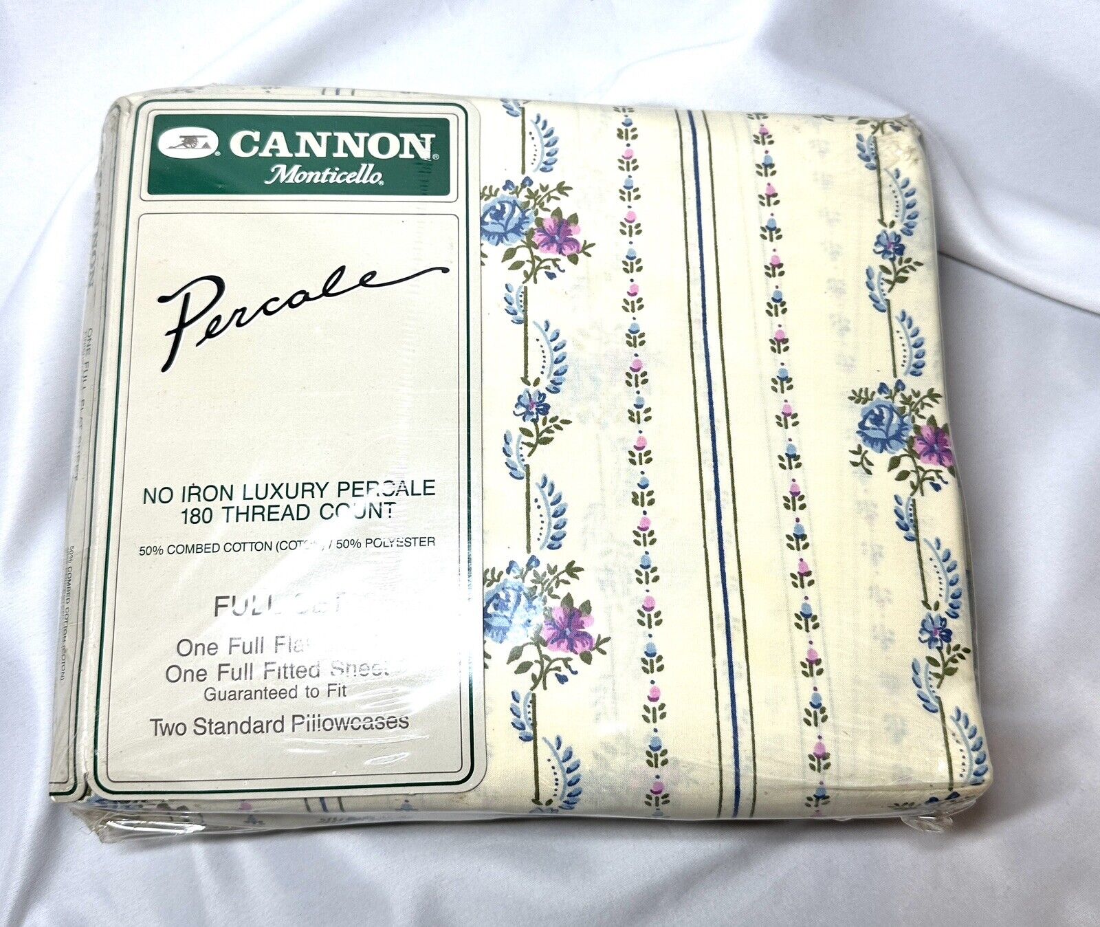 New Vtg Cannon Monticello Full Sheet Set Floral Flat Fitted Pillowcase Percale