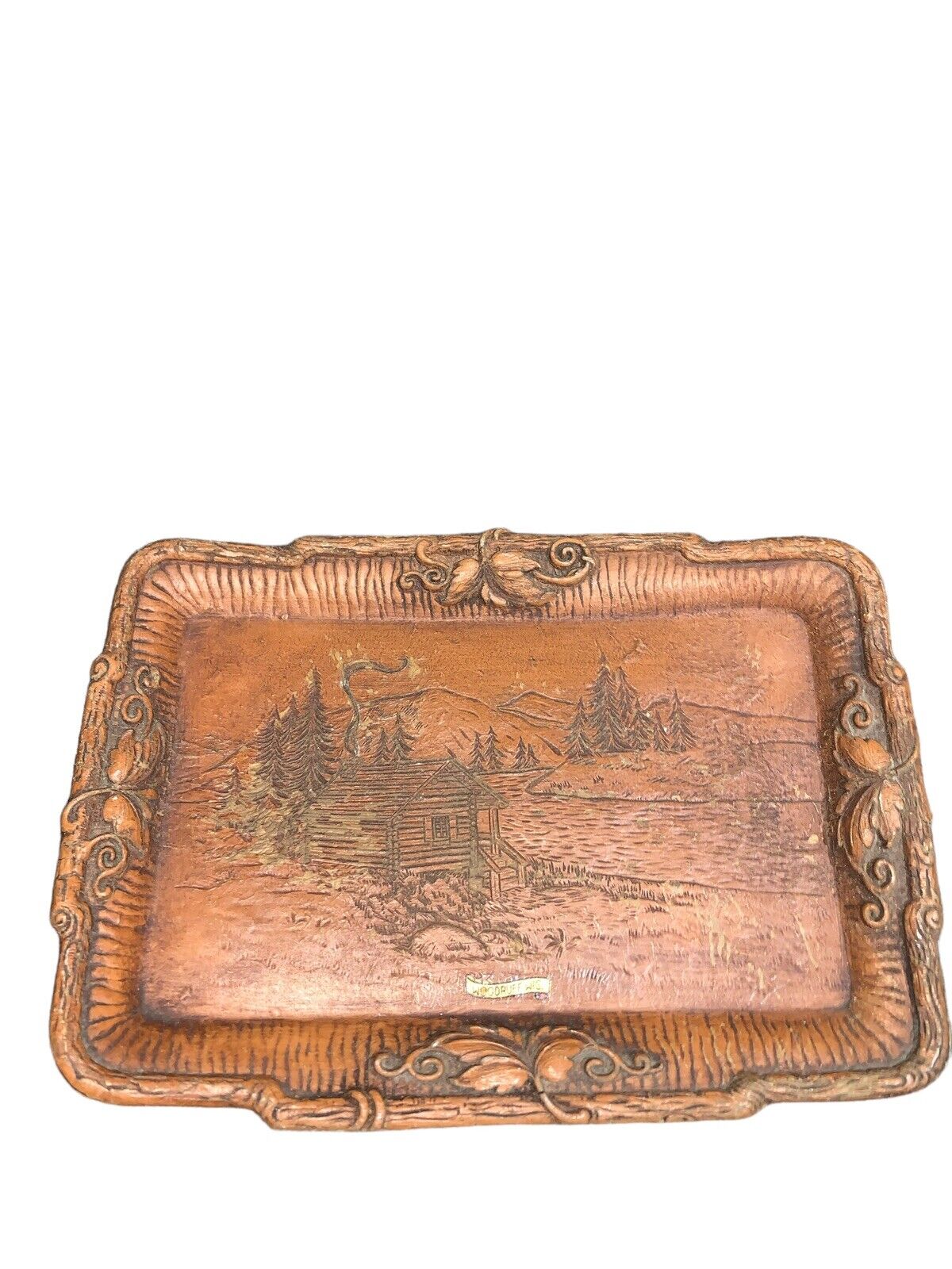 Antique Wood Hand carved Woodruff Wisconsin Cabin Farm Cottage Plate Tray Pallet
