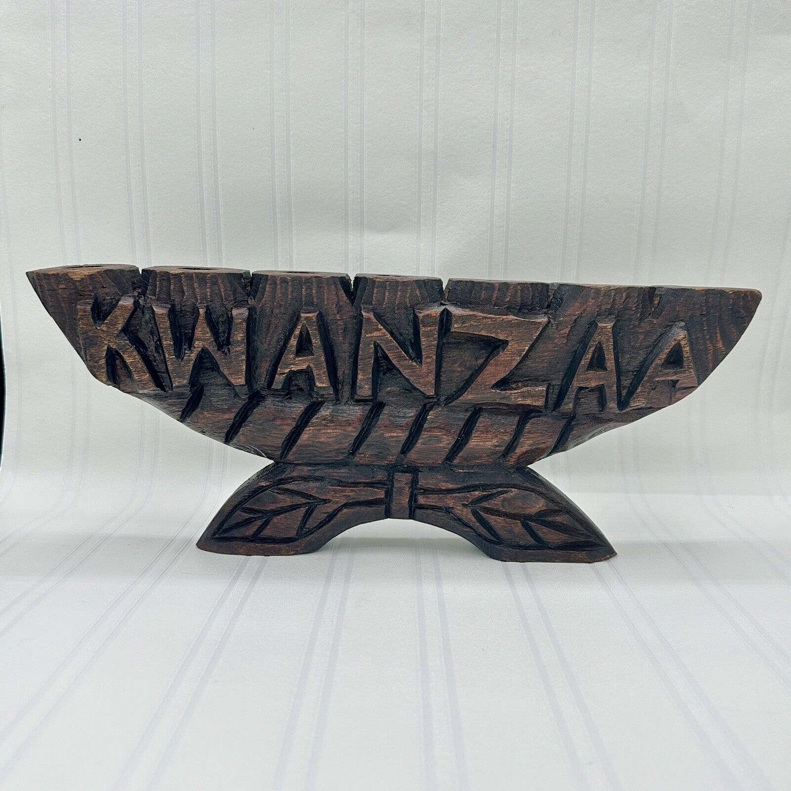 Vintage Wood Carved Kwanzaa Candle Holder African Holiday 14.25\