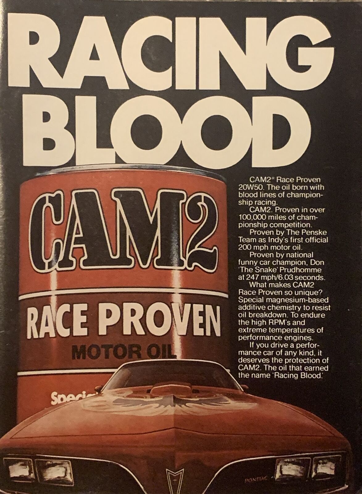 1978 CAM2 Race Proven Motor Oil VTG 1970s PRINT AD Trans Am - Racing Blood