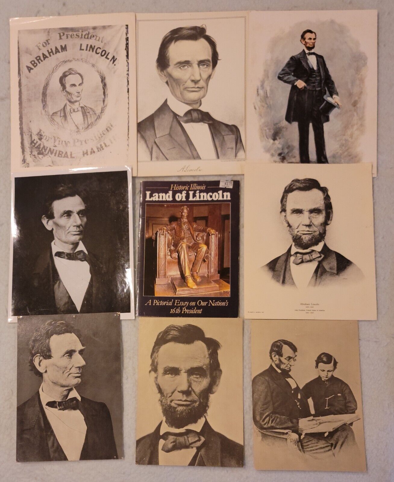 Abraham Lincoln Lot of 8 Photos / Prints Black & White & Land of Lincoln Booklet