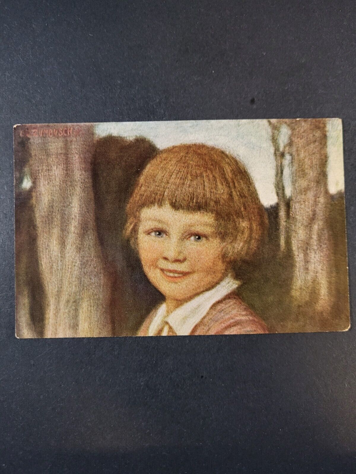Postcard Unknown Girl Smiling With Trees Around