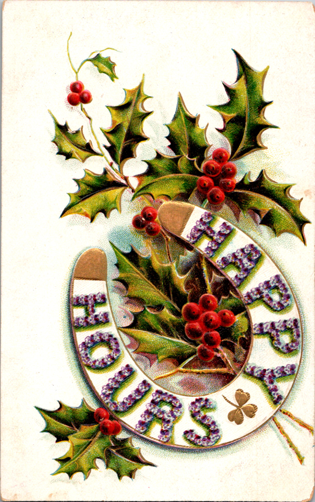 Vintage C. 1915 Happy Hours Horseshoe Holiday Greeting Postcard Hastings NE