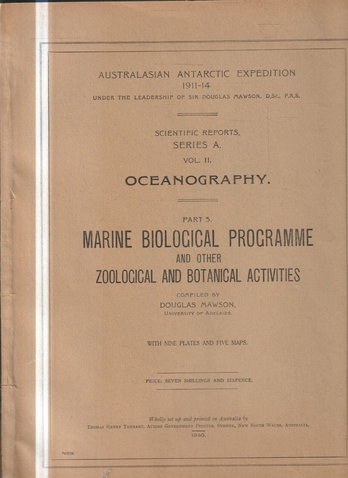 MEMORABILIA ,AUSTRALIAN ANTARCTIC EXPEDITION , OCEANOGRAPHY , 1940 MAWSON