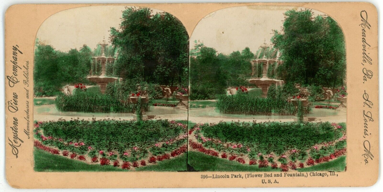 c1900\'s Real Photo Hand Tinted Stereoview Lincoln Park Fountain Chicago, IL