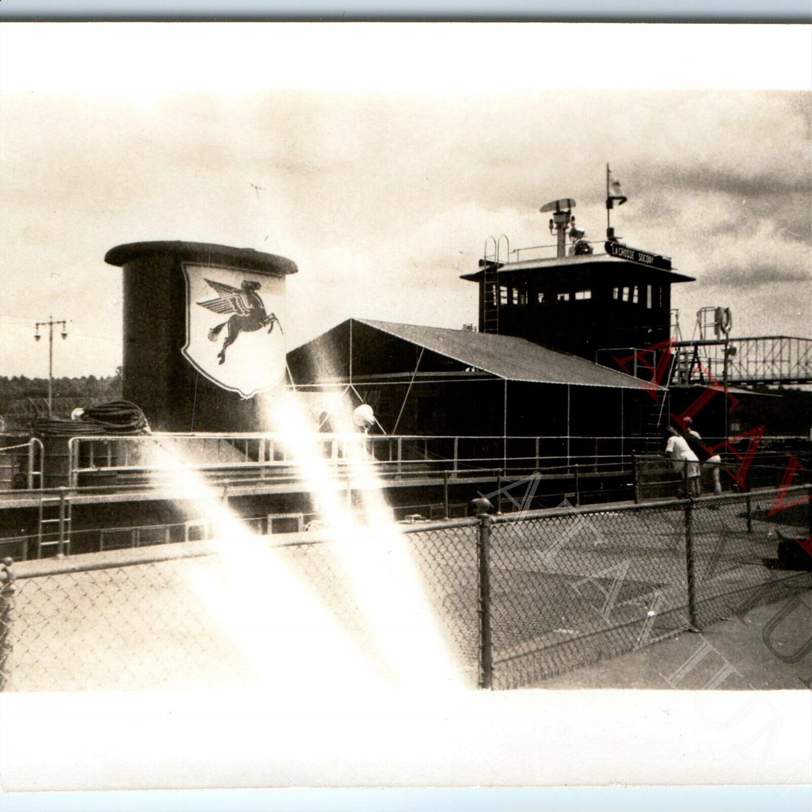 1950s La Crosse Socony Snapshot Photo Mobil Oil Tow Boat Pegasus Tanker OOAK C52