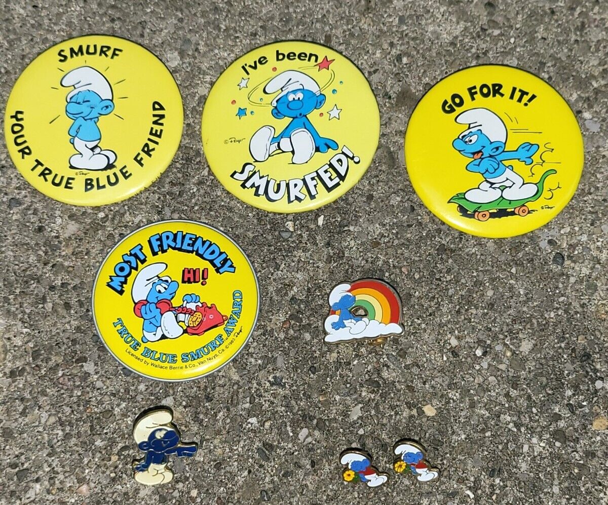 Vintage Lot Of SMURF Enamel Earrings Enamel Pin And Button Pins 1980s