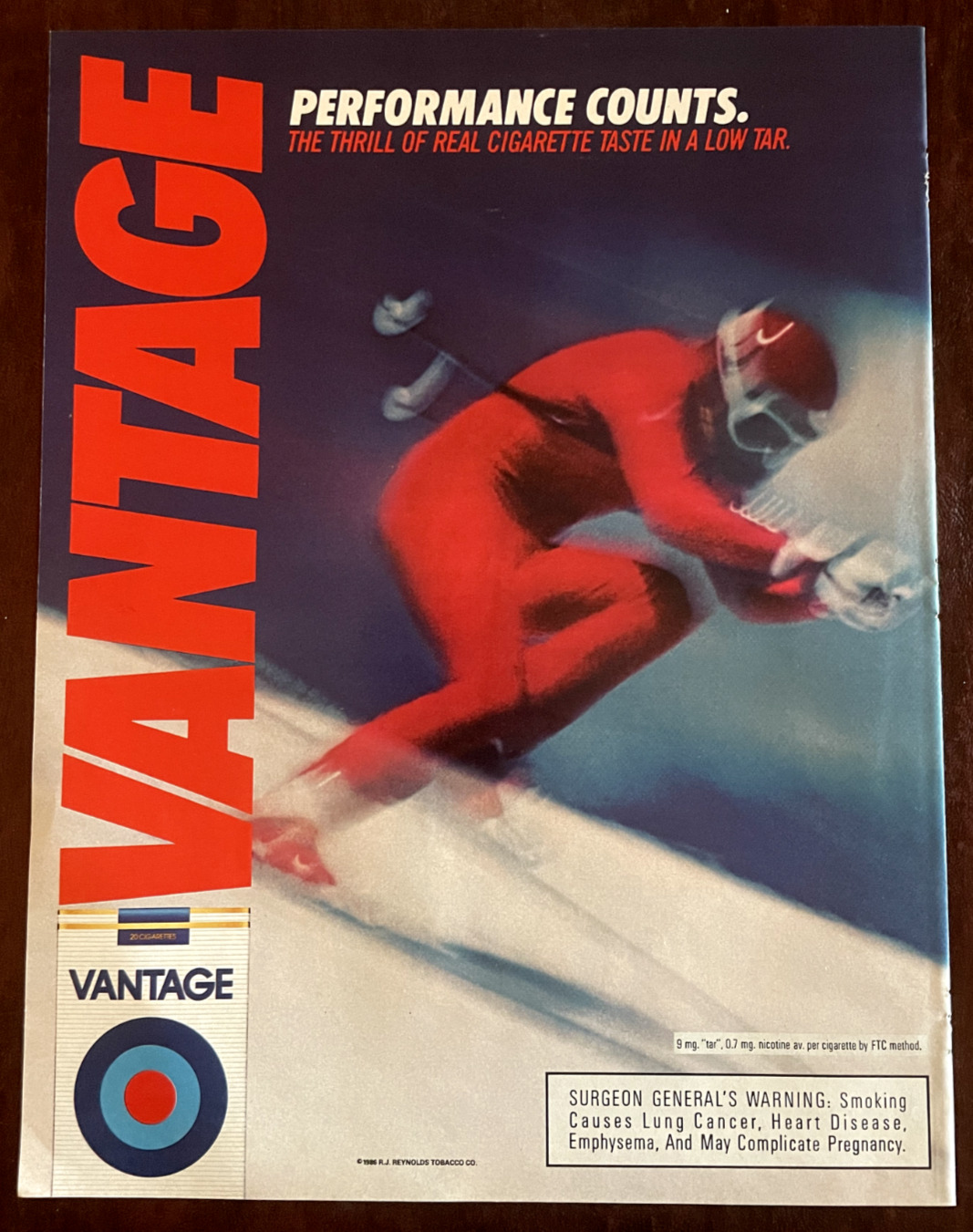 1986 VANTAGE Cigarettes Vintage Print Ad Skiing Winter Performance Counts