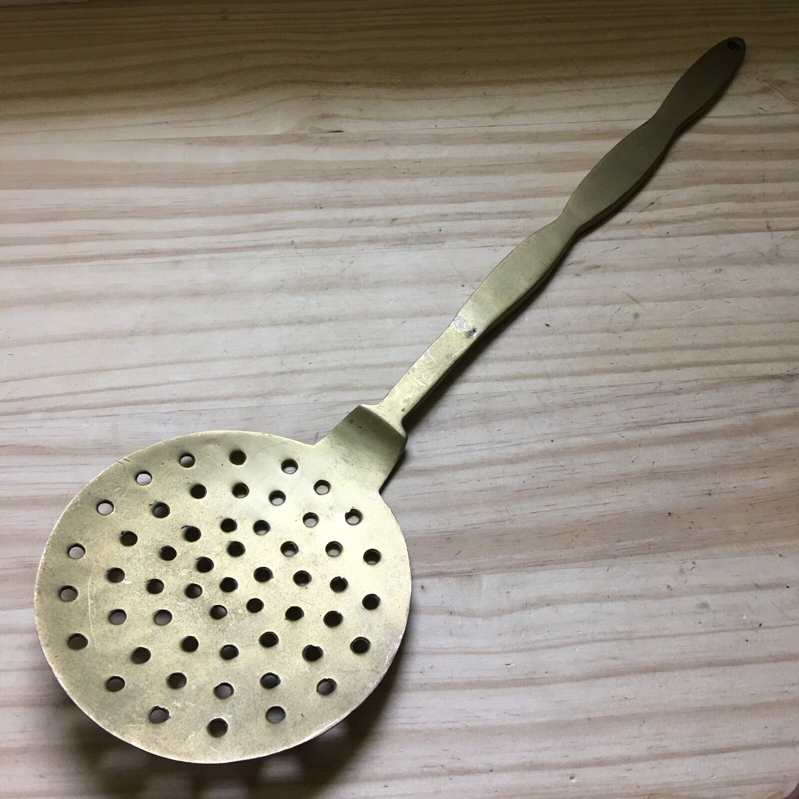 Vintage 1960s Long Heavy Solid Brass Slotted Skimmer flat Spoon 20\