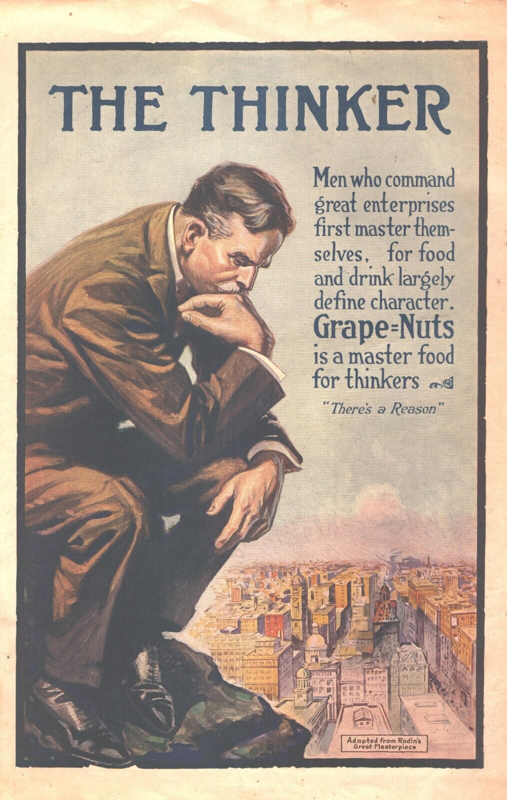 1918 Grape Nuts Cereal Antique Print Ad WWI Era A Master Food For Thinkers Rodin