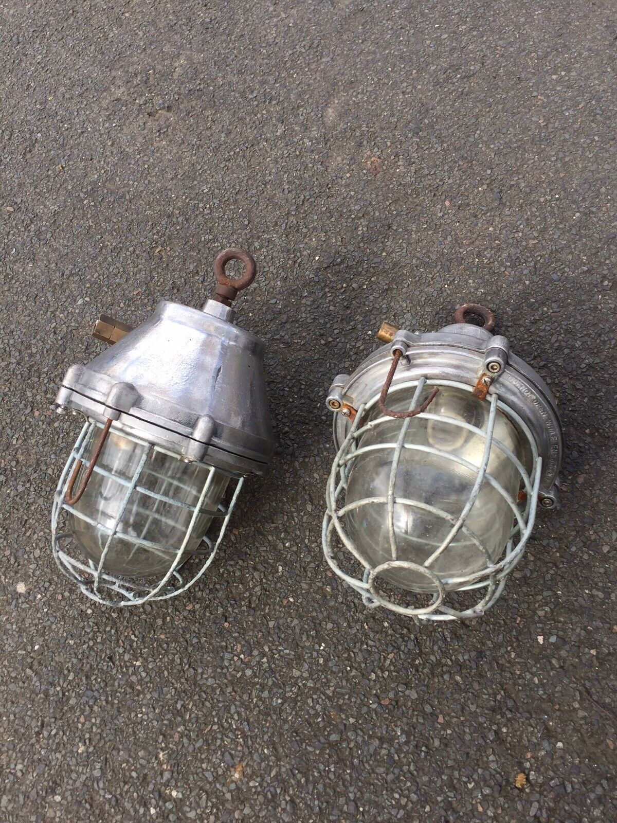 Vintage Pair Polished Industrial Cage Lamps Steel , Ceiling Loft Bar