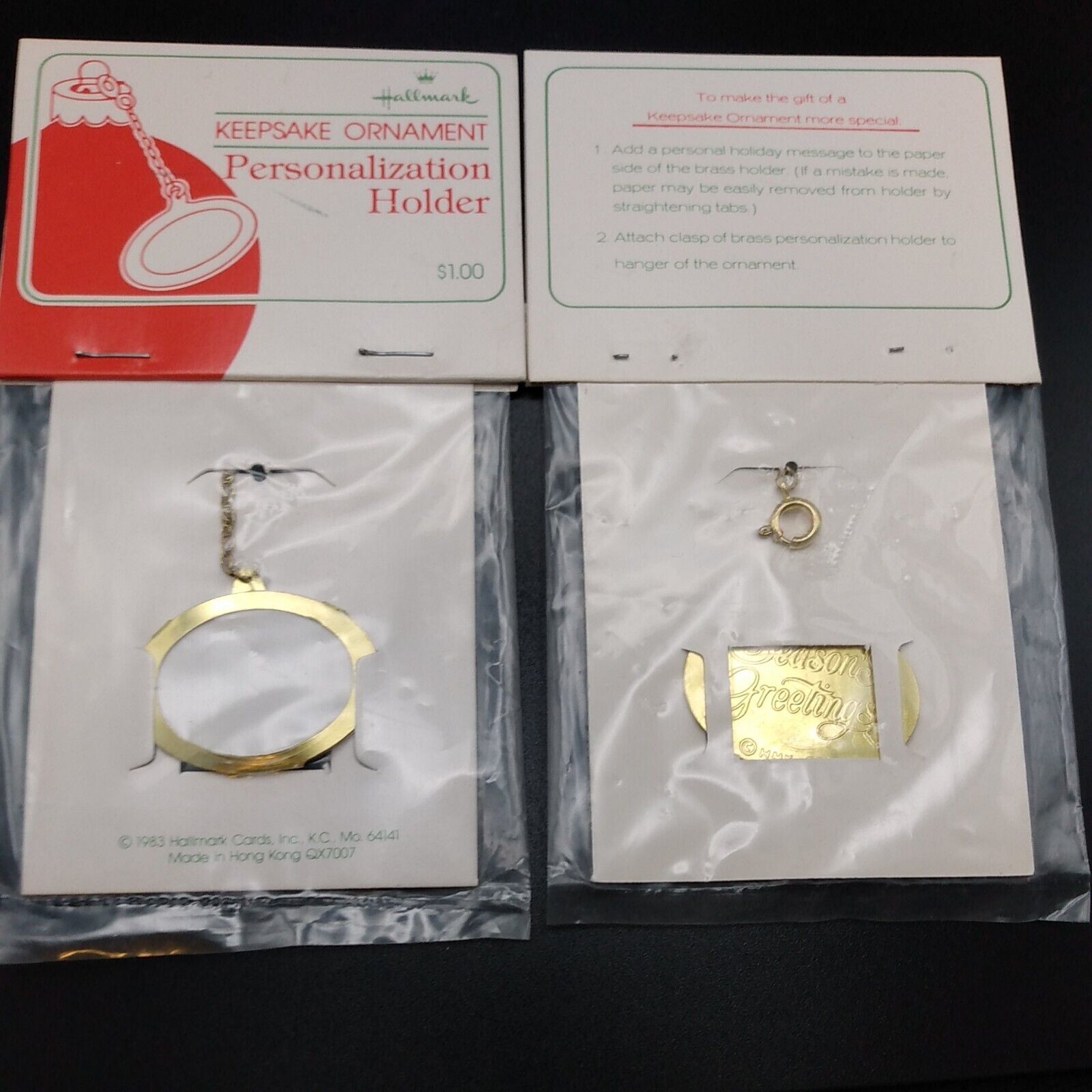 2 Vintage Hallmark Keepsake Ornament Personalization Holders 1983 Gold Christmas