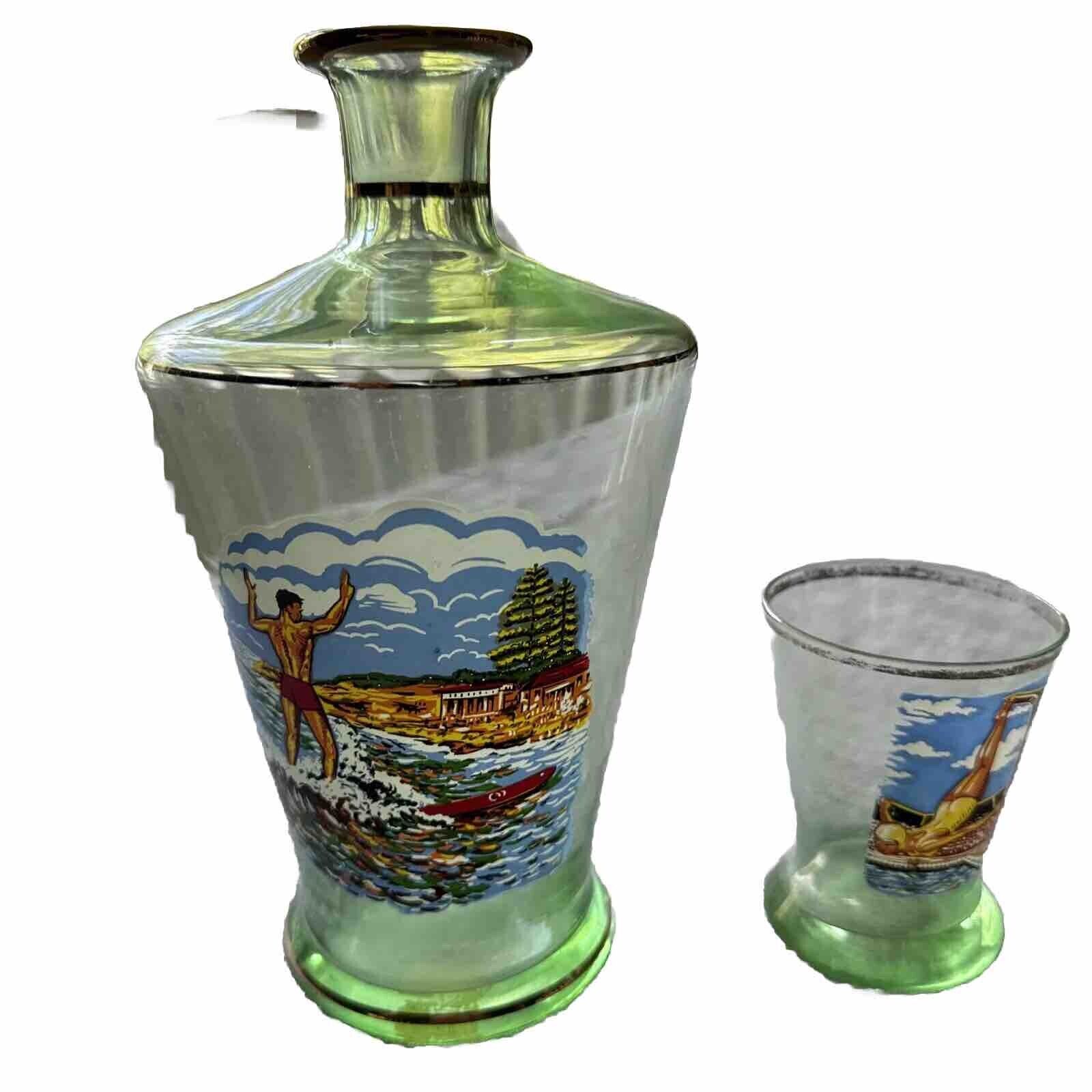 Vintage Alpine Beach / Swimming/Surfing/Diving Themed  Green Decanter With Glass
