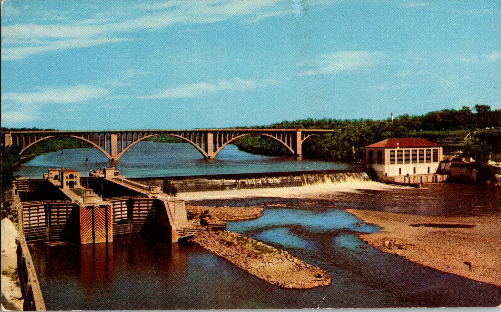 Postcard U.S. Government Dam Locks Ford Bridge Mississippi River Minneapolis MN