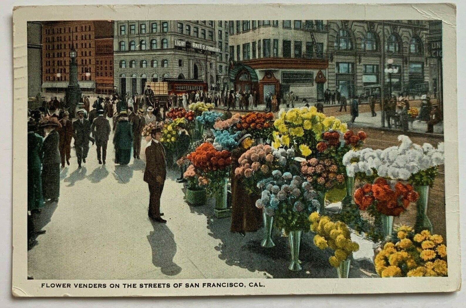1923 CA Postcard San Francisco Flower Vendors on the Streets crowd people bldgs