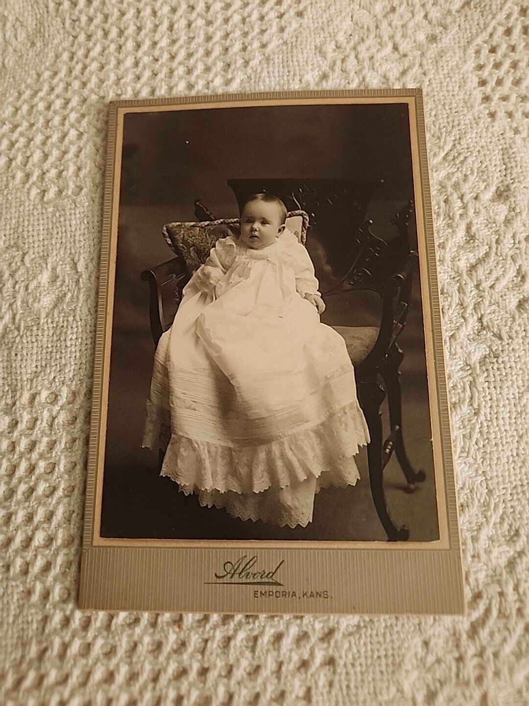 Antique Infant In Chair Portrait Marked Alvord EMPORIA, KANS
