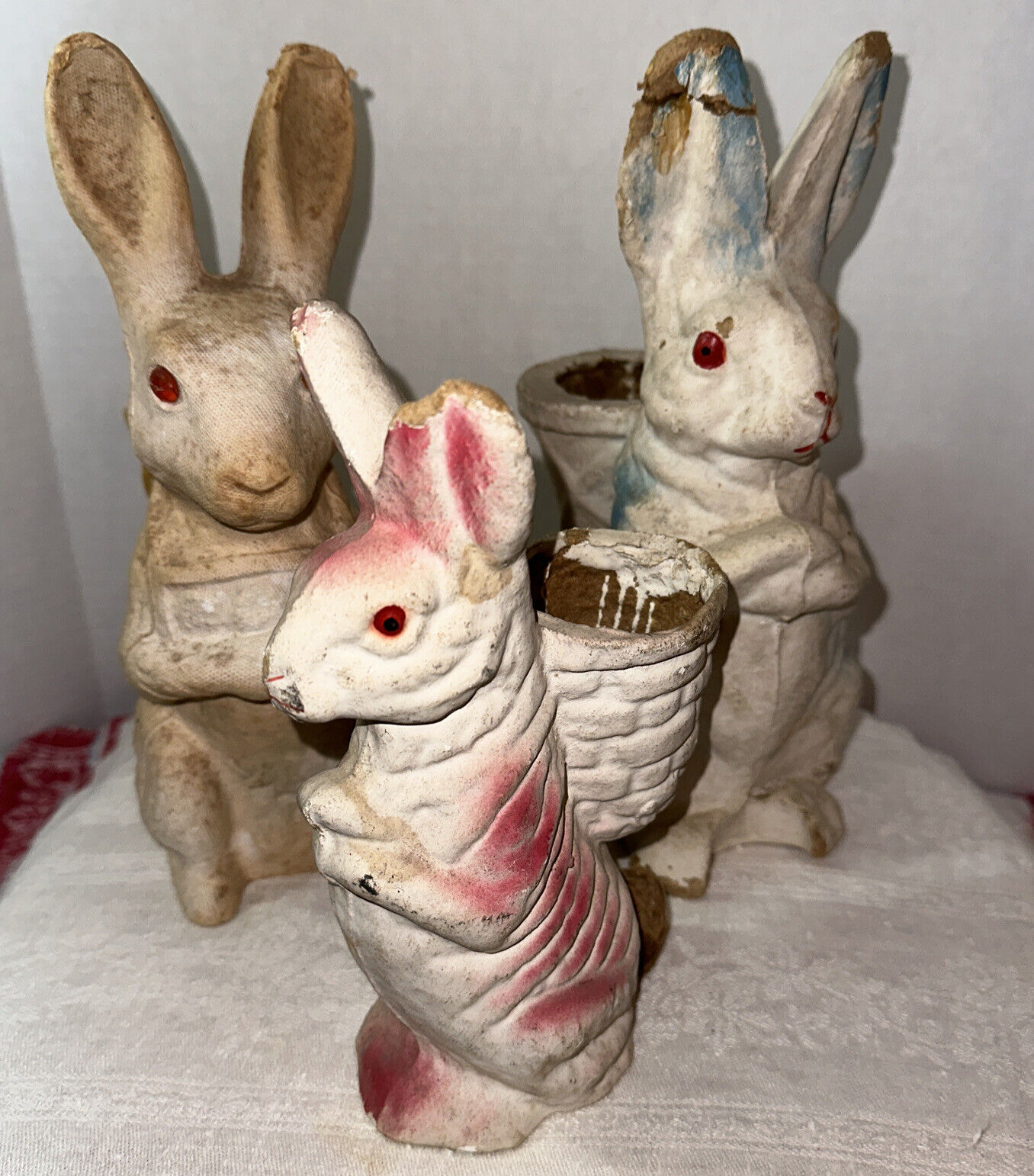 Three Antique Vintage Germany Paper Mache Easter Bunny Rabbit Decorations READ