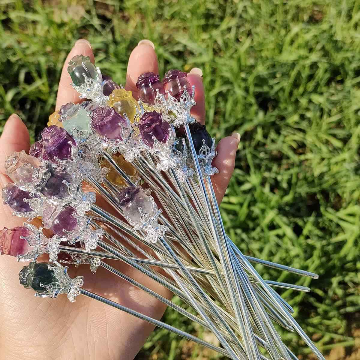 2PC Natural Fluorite Rose Hairpin Carved Quartz Crystal Hair Ornament Heal