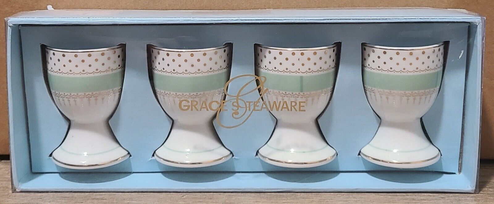 Grace\'s Teaware Set of 4 Porcelain EGG CUPS Teal, Gold & Ivory NEW NIB 