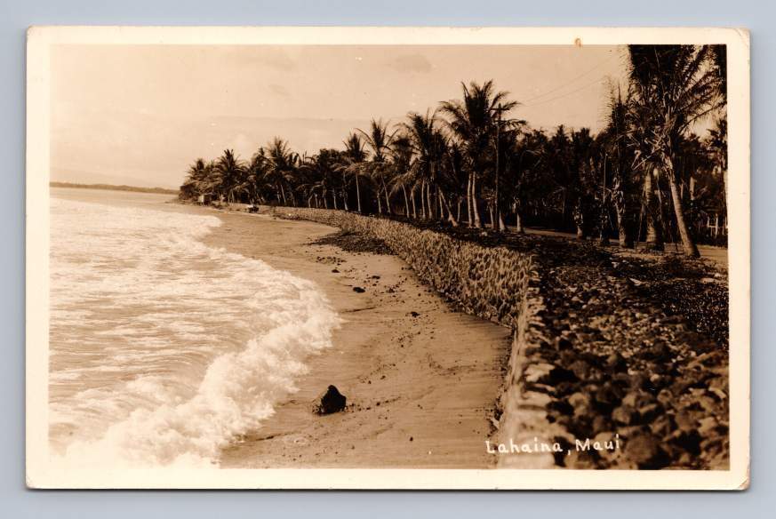 Lahaina Maui Seawall RPPC Antique Hawaii Real Photo Postcard AZO ~1930s