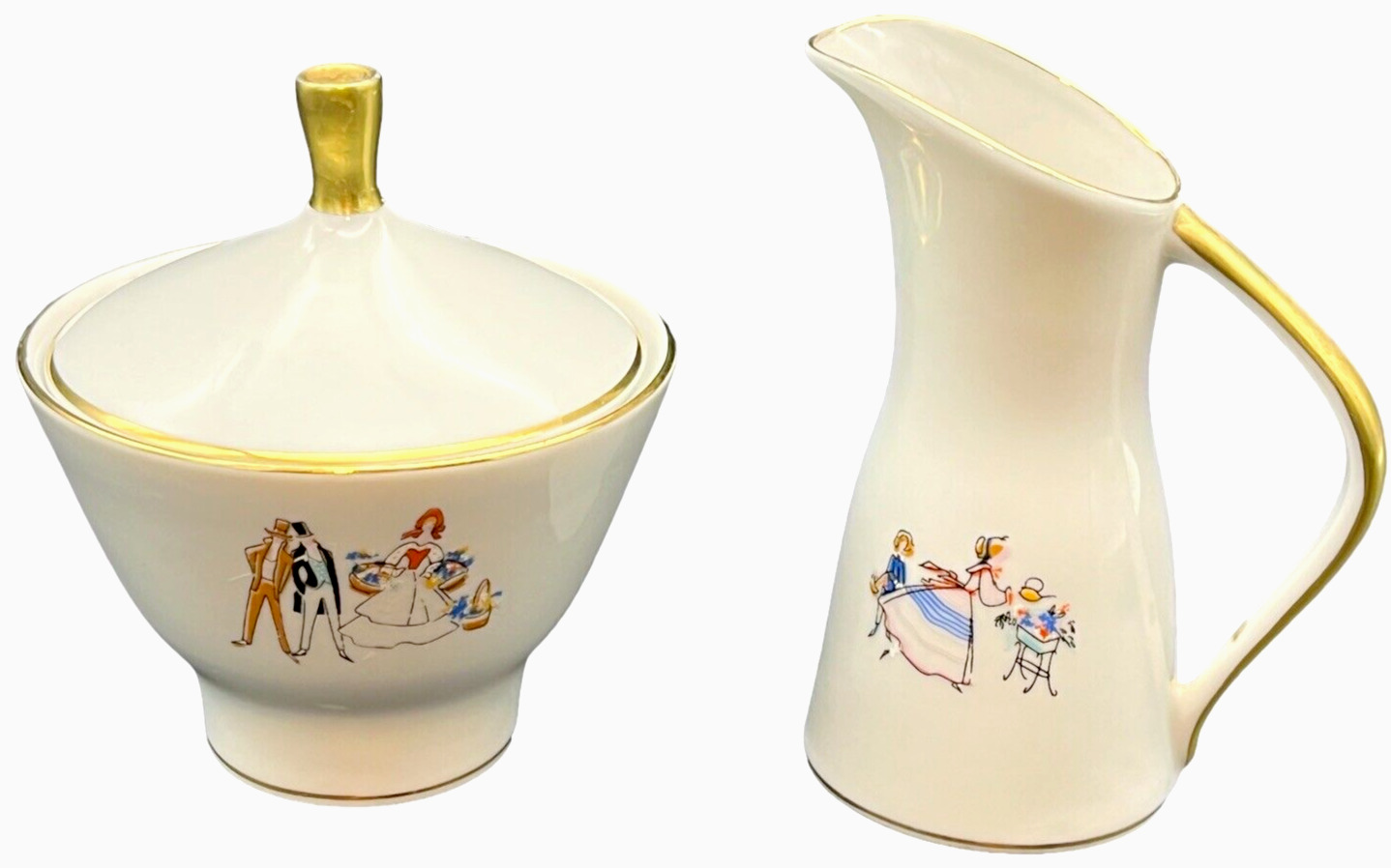 Edelstein Bavaria Porcelain Cream & Sugar Gold Rimmed Transfer Design Germany