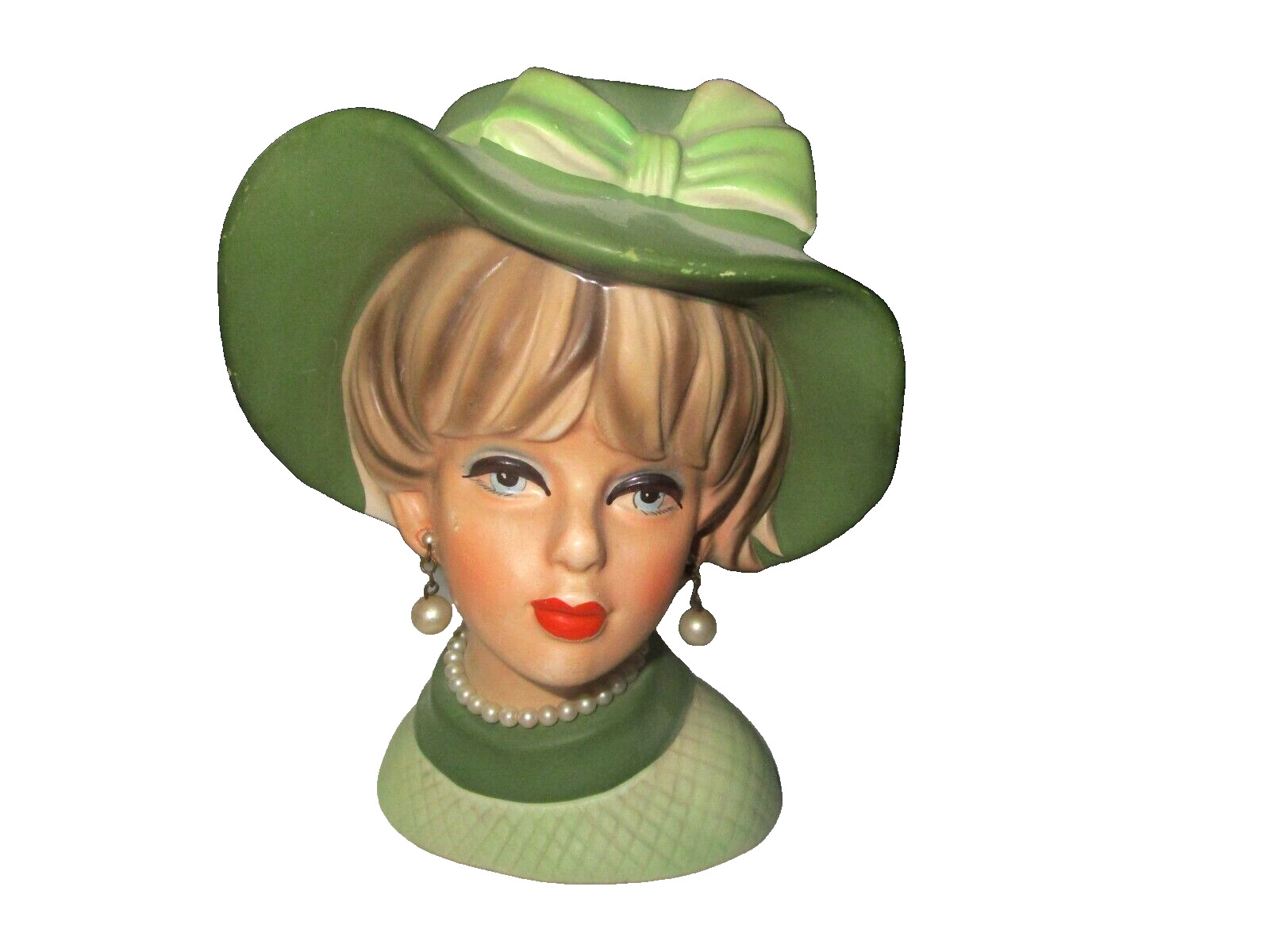 Vintage Napco Lady Head Vase C9474 Green Hat Earrings and Necklace